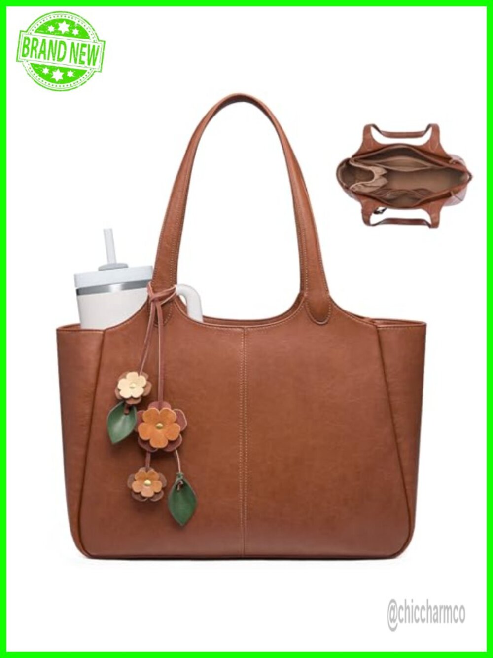 Vegan Leather Tote Bag with 40oz Cup Holder & Laptop Compartment